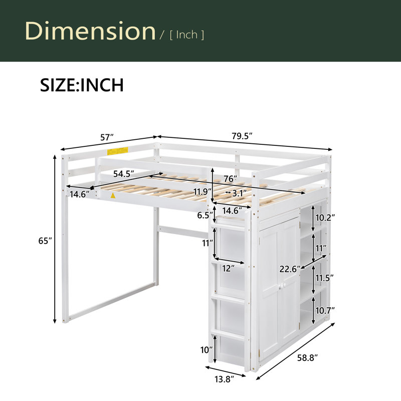 Lit mezzanine double en bois avec garde-robe intégrée et tablettes de rangement, lumière DEL, Blanc