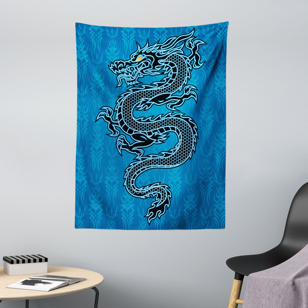 Wandteppich, Jahr des Drachen, Blau Schwarz Weiß