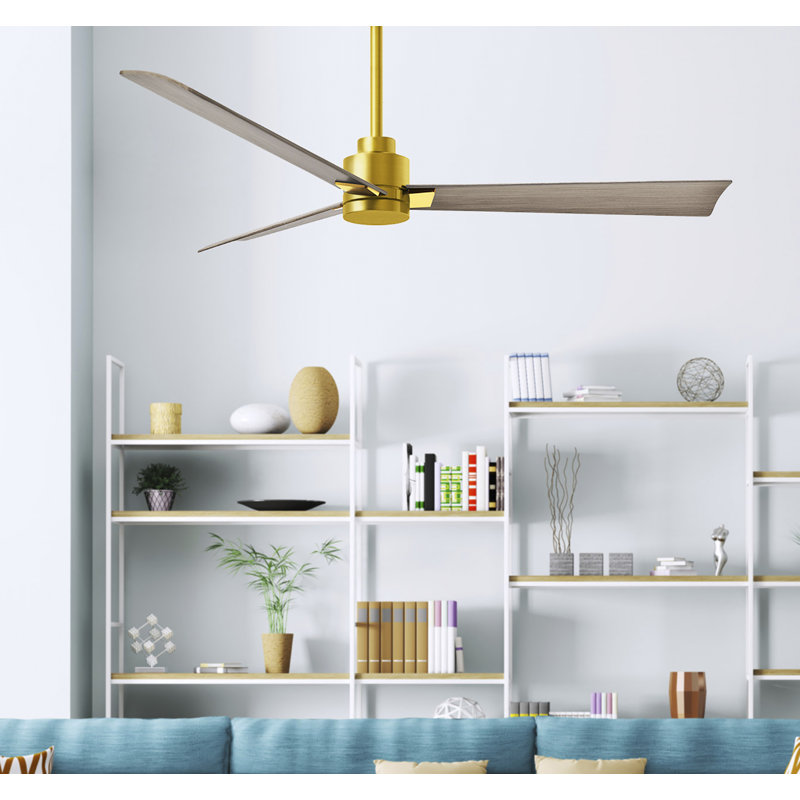 Alessandra Outdoor Downrod Ceiling Fan, Brushed Brass, Gray Ash Tone
