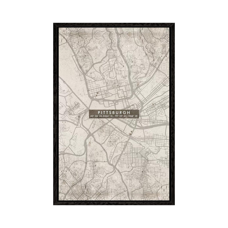 Pittsburgh City Map Abstract 1 Piece Wall Art on Canvas, 152.4cm H x 101.6cm W x 3.81cm D, Black Framed