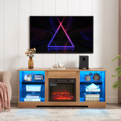 Meuble télé, foyer électrique, tablettes en verre, foyer 3D avec lumières DEL, bois, prise de charge USB, centre de table de télévision moderne pour téléviseur de 62 po ou moins