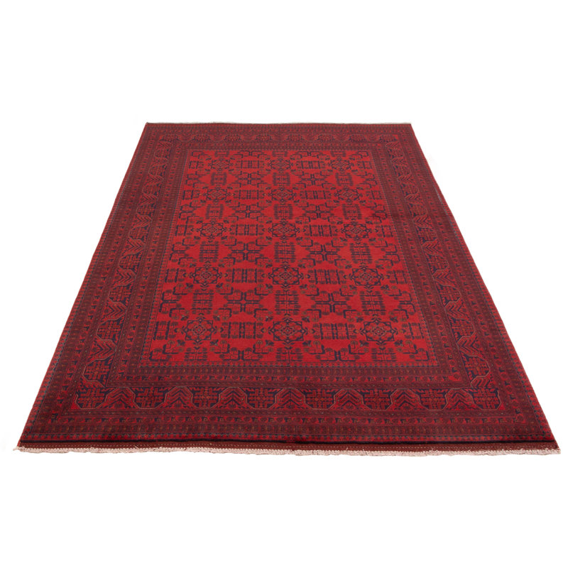 Tapis rouge en laine noué à la main de conception unique 6 pi 6 po x 9 pi 9 po Mosa