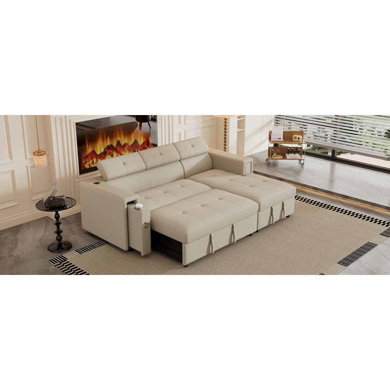 Canapé-lit modulaire en forme de L de 96 po avec repose-tête réglable, charge sans fil, porte-gobelets et rangement caché pour le salon, la chambre à coucher et le bureau