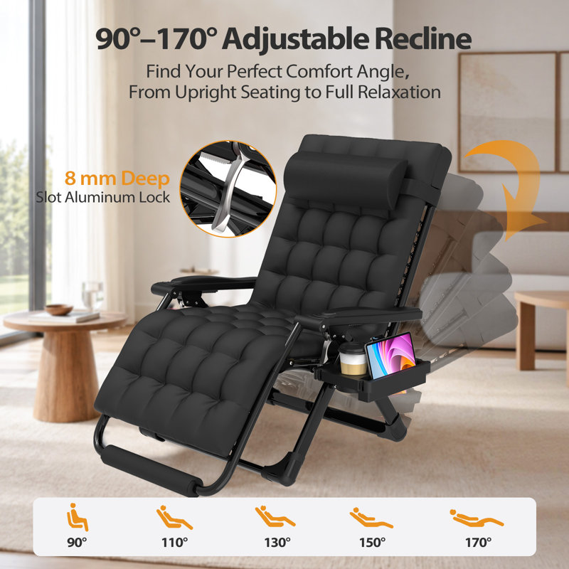Zero Gravity Chair with Cushion, Adjustable 90°–170° Reclining Lounge Chair, Heavy-Duty Folding Outdoor Recliner with Aluminum Alloy Lock, 500 lbs Capacity for Patio, Camping & Beach