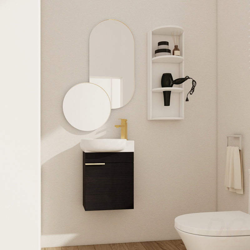 Meuble-lavabo à fermeture en douceur avec lavabo et support de rangement, 16 po pour petite salle de bain, Noir châtaignier