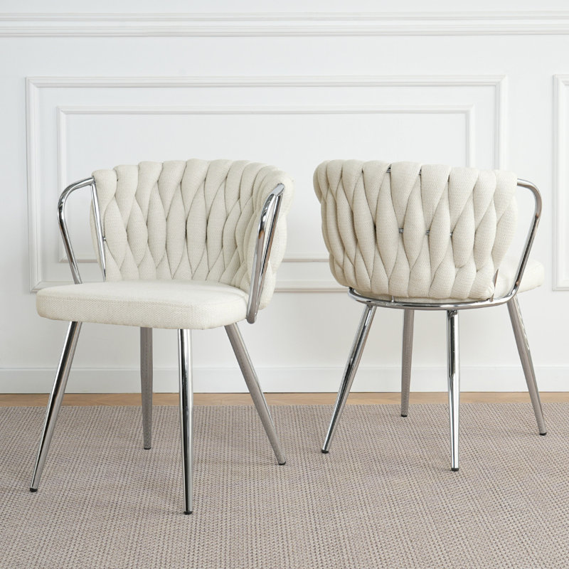 2 chaises de salle à manger modernes en lin blanc - Pieds en métal électroplaqués, ergonomiques et élégants pour la chambre à coucher, assise éponge épaisse, base, réglable, antidérapante, silencieuse, hauteur réglable, silencieuse, silencieuse