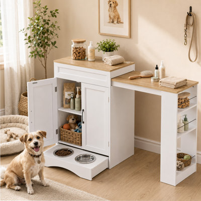 49"W Dog Food Storage Cabinet with Power Outlets and Hidden Bowls, Pet Feeding Station with Pull-Out Countertop