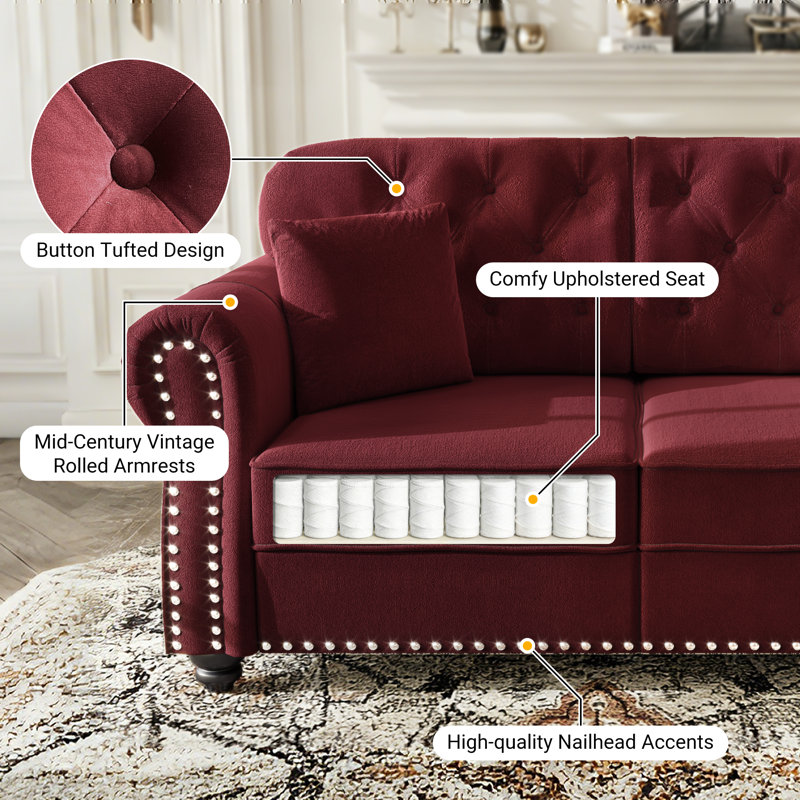 Canapé Chesterfield en velours 82,6 po, Bourgogne
