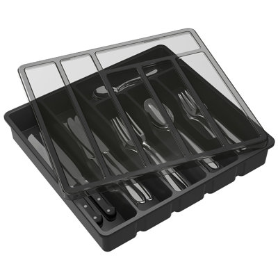 Cutlery Tray With Lid, Cutlery Storage Box For Kitchen Drawer And Countertop, Plastic Cutlery Drawer Organiser For Spoons Forks Knives Holder Storage Insert, 6 Compartments, Black