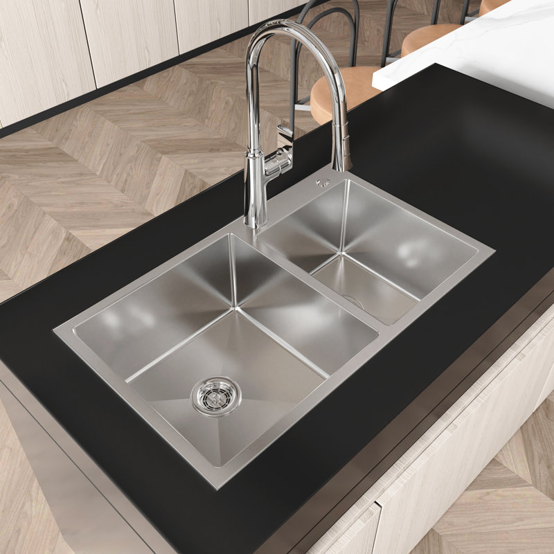 Évier double 32 po x 19 po x 10 po, acier inoxydable S304, finition à l'eau, facile à installer, satin de cuisine, assemblage