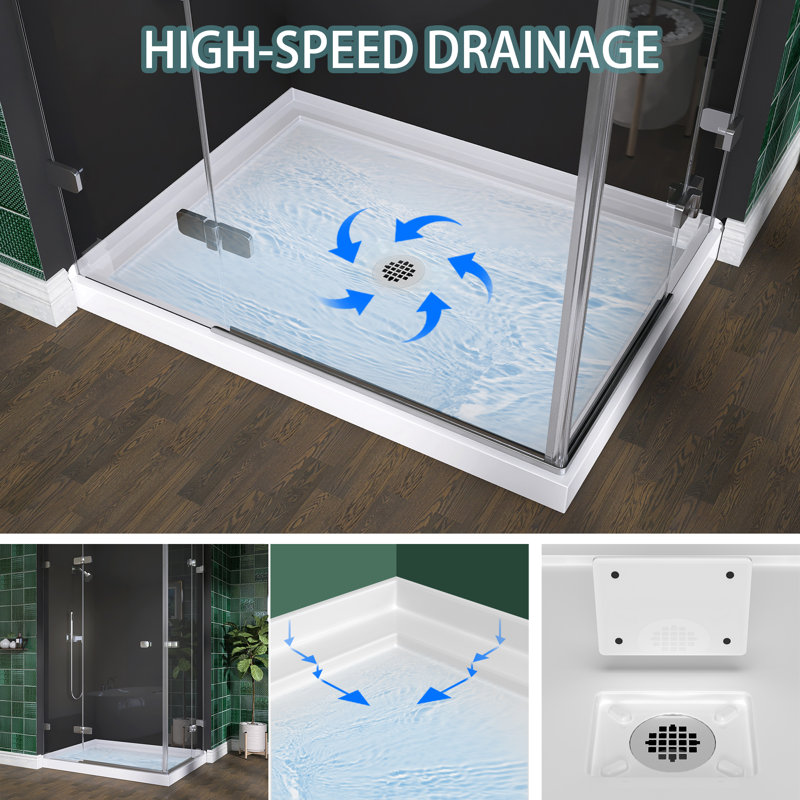 48" L x 36" W White Acrylic Shower Base for Two-Wall Alcove Right Entry | Center Drain with Magnetic Cover | Hassle-Free Cleaning