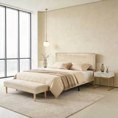 Base de lit réglable en velours côtelé de la tête de lit, lit tapissier en tissu doux pour la peau sans sommier, support robuste et silencieux, assemblage facile, (taille double, brun)