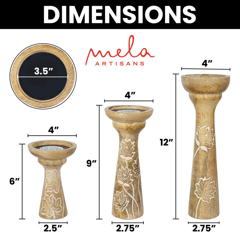 Ensemble de 3 porte-bougies floraux en bois de manguier - blanc rustique