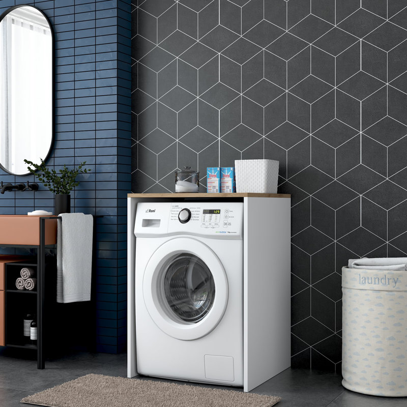 Washing Machine Cabinet, Walnut & White, 65 x 90 x 60 cm, 100% Melamine Coated Particle Board, Thickness: 0 cm, Wall-Mountable Design, For Laundry Rooms & Space Optimization