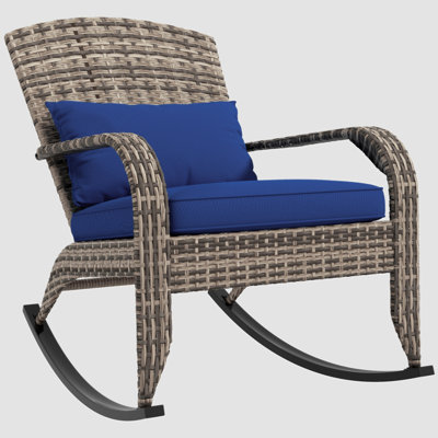 Outsunny Outdoor Wicker Adirondack Rocking Chair, Patio Rattan Rocker Chair With High Back, Seat Cushion, And Pillow For Garden, Porch, Balcony, Dark -  Dovecove, 9A33133225B148BBA25E797AA9E6B740