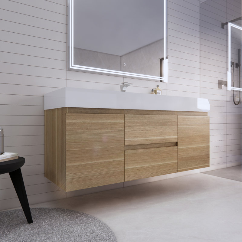 Ensemble de meuble-lavabo mural simple 59 po Babajide, Chêne blanc