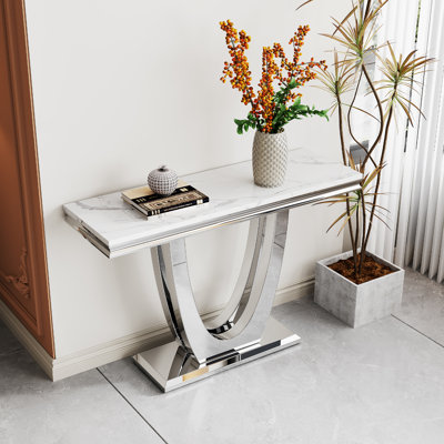 3 Pieces Coffee Table Set, White Gold Faux Marble Coffee Table with 1 Square End Side Table & 1 Console Table, Modern Living Room Table Set with Double U-Shape Stainless Steel Frame for Apartment Home Office