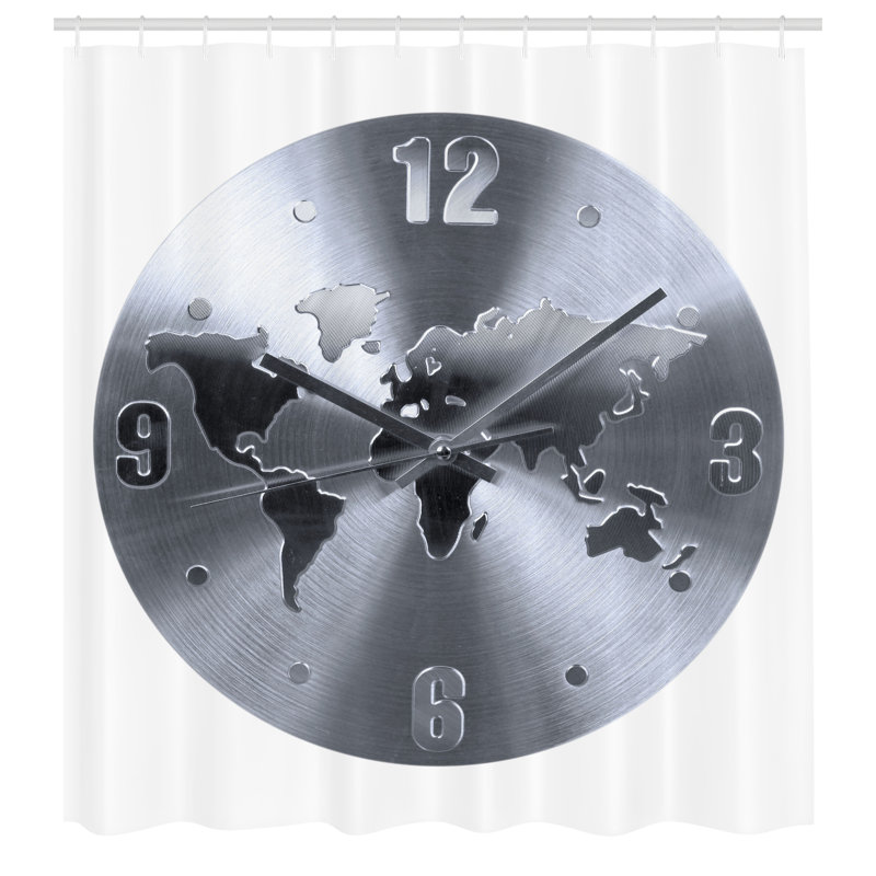 17 Stories Grey Shower Curtain World Map Clock Pattern Blue Grey, 75"H x 69"W