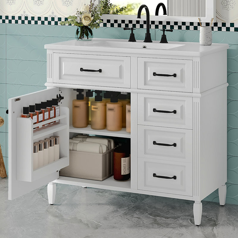 36-Inch Bathroom Vanity With Ceramic Sink Top, Solid Wood Frame And MDF Cabinet, Flip Drawer Design With Adjustable Shelf And Metal Handles, Freestanding Bathroom Storage Cabinet (Faucet Not Included)