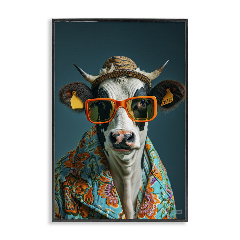 «Cool Trendy Cow Giclee Art» par Roozbeh Bahramali, H 18 po x l 12 po, Giclée encadrée noir minuit