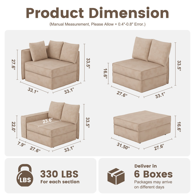 Corduroy 115.9" Module Sofa Seating Six, Corner Sectional with Ottoman,Can Be Free Combination, Brown