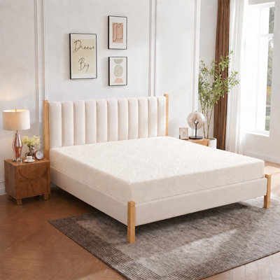 Lit capitonné de style scandinave avec cadre en bois massif, taille King, lin beige