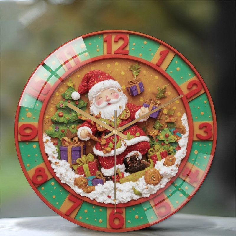 Santa-Delivers-Gifts-On-Clock Art - 12'' Modern Glass Wall Clock