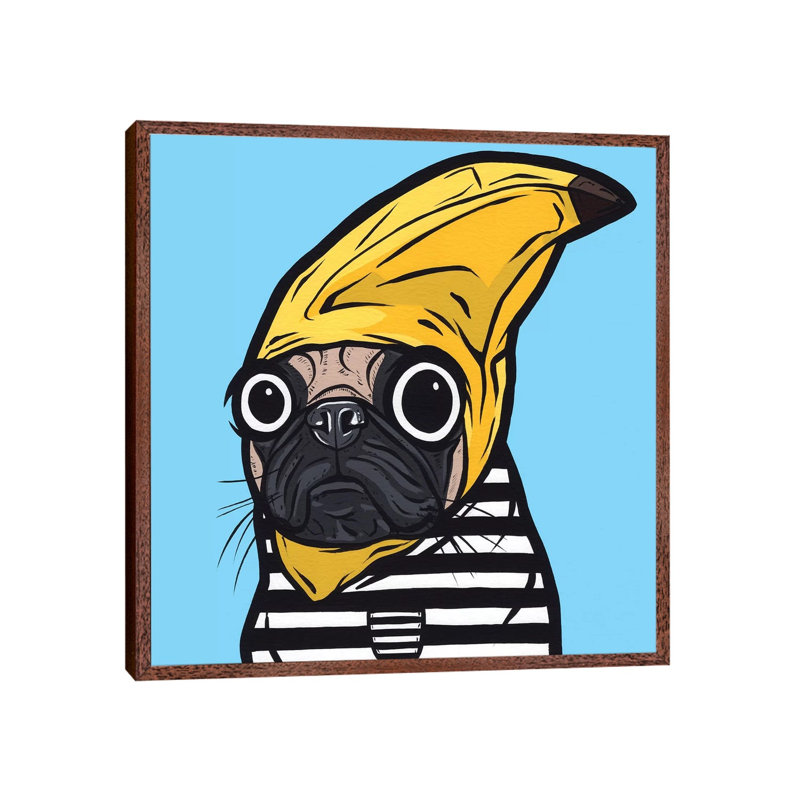 Banana Pug by Allyson Gutchell - Print on Canvas, 45.72 cm H x 45.72 cm W, Classic Brown Wood Framed