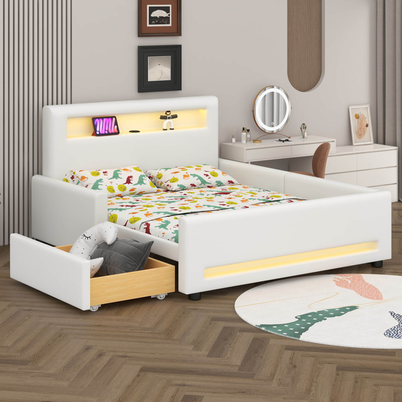 Lit plateforme tapissier avec tiroir, bande lumineuse à DEL et port USB, Lit double, Blanc