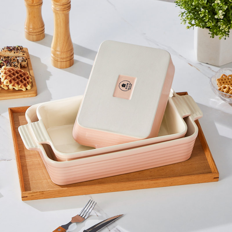 3-Piece Set Of Ceramic Baking Pans, Rectangular Baking Dish Set, Pink