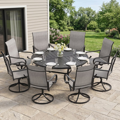 8 Person Round Patio Dining Set with Swivel Textilene Chairs