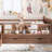 Queen Size Solid Wood Kids Floor Bed with Storage Bookcases, Drawers, Cute Stairs & Guardrails, No Box Spring, Natural-825200368-825200372