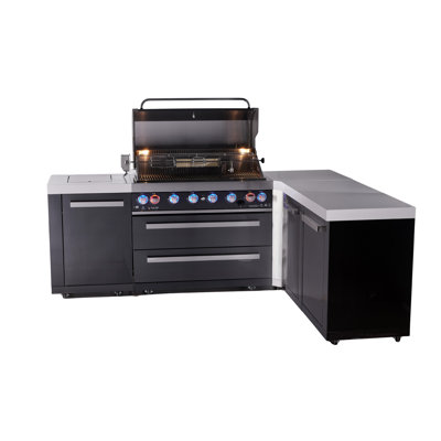 Mont Alpi Mai805-bss90xl 6-burner 94"x88" L-shaped Premium Black Stainless Steel Outdoor Kitchen Island Bbq Gas Grill With Infrared Side & Rear Burners + Granite Countertops + Full Cover + Rotisserie