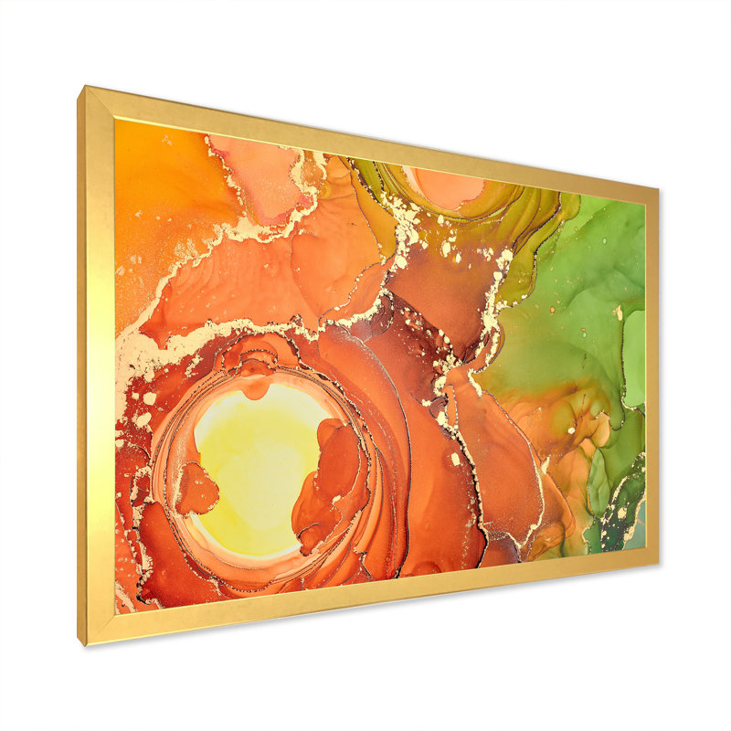 «Brown and Green Luxury Abstract Fluid Art», peinture sur toile, H 16 po x l 32 po, Cadre doré à coins fermés