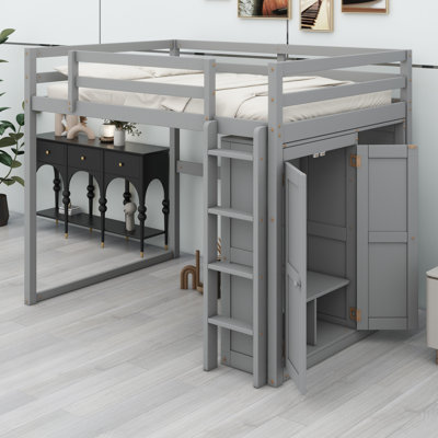 Lit mezzanine avec garde-robe intégré et tablettes de rangement, lumière DEL