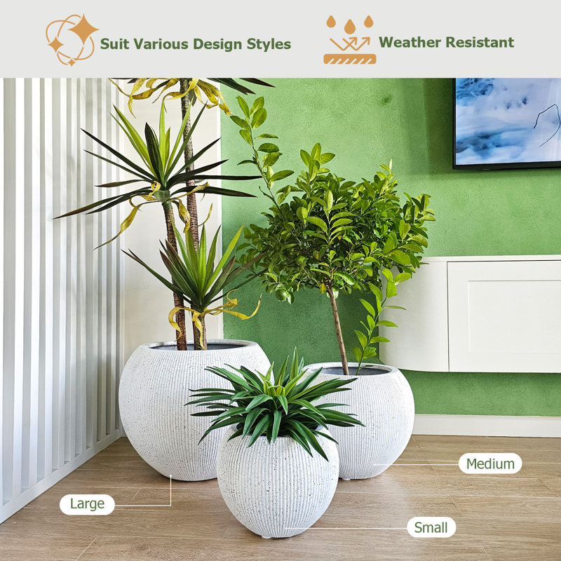 Kute Nest Indoor/Outdoor Small Ribbed Globo Fiberstone Planter - - Opening 7.8", 16" H x 20" W x 20" D