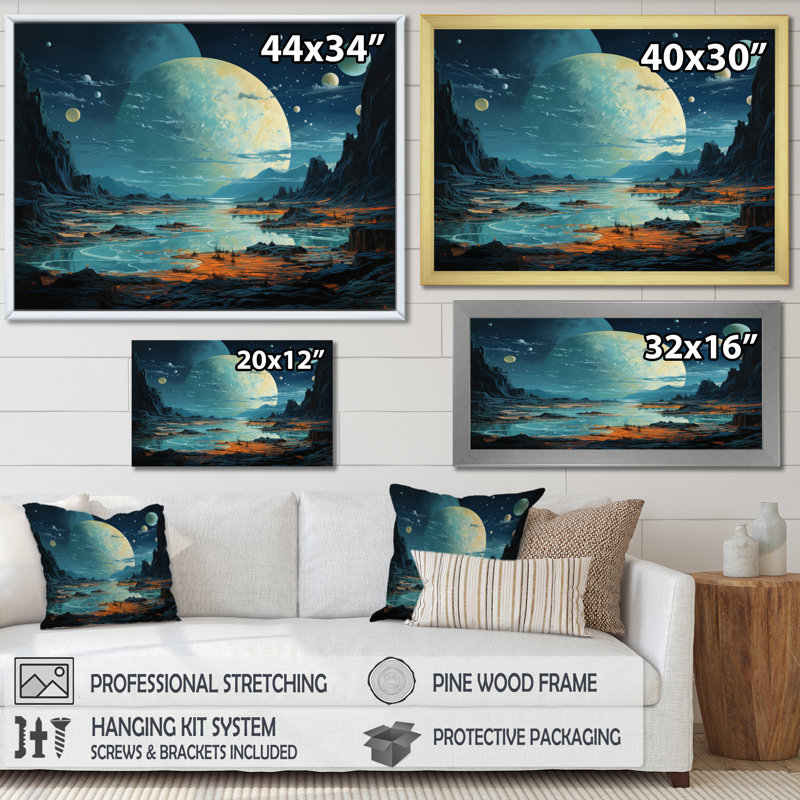 Paysage moderne de la planète Pluton sur toile, H 30 po x l 40 po x P 1,5 po, Cadre flottant noir