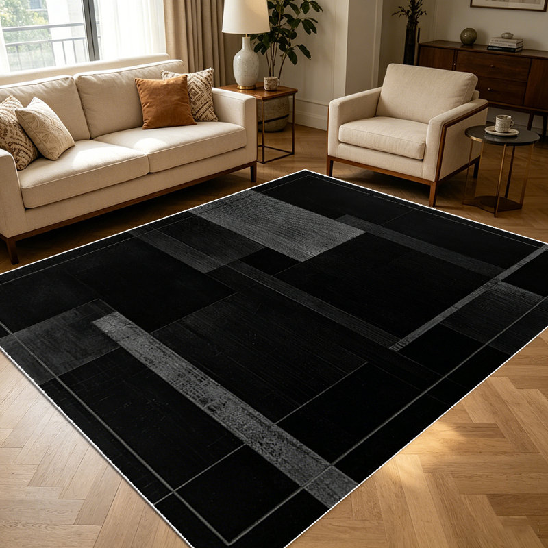 1PC Dark Black Grey Geometric Abstract Minimalist area rugs for Living Room, Soft and Comfortable, Suitable for all seasons, easy-to-maintain, machine washable Indoor floor mat, Under Table Farmhouse suitable for bedroom, dining room, home office,