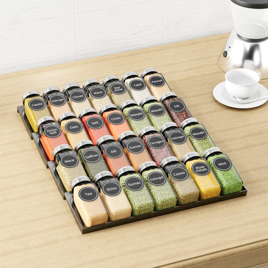 Spice Drawer Organizer with 28 Spice Jars - 4-Tier Seasoning Rack Tray Insert, 386 Spice Labels, 13" Wide x 17.5" Deep