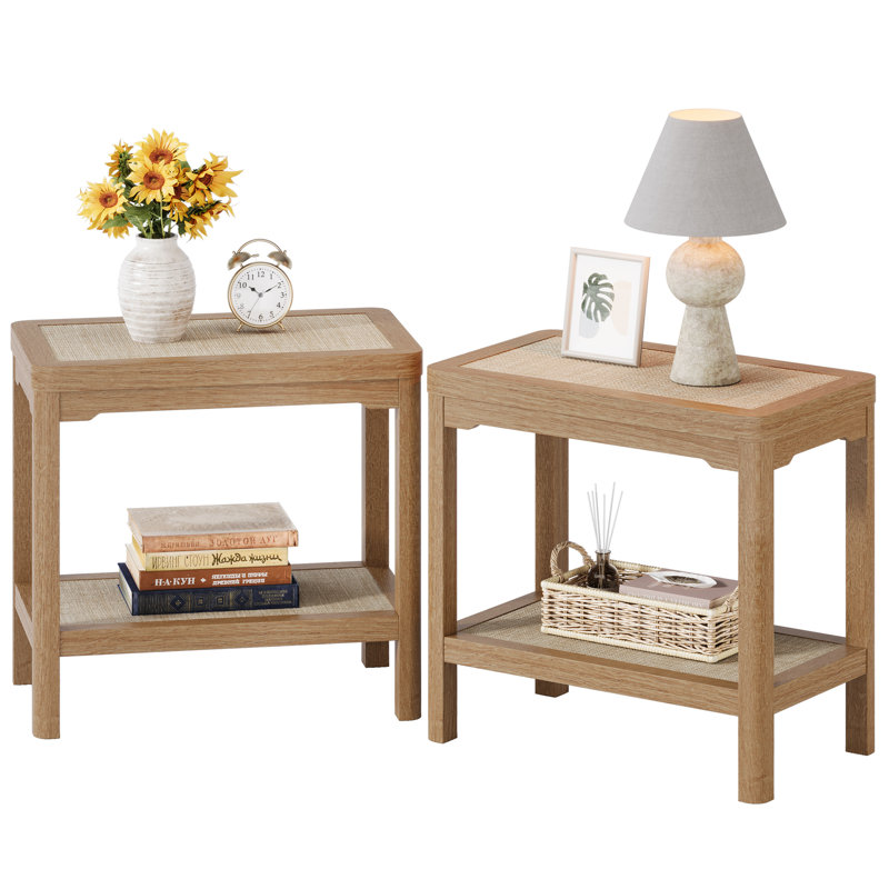 Table d'appoint en rotin à 2 niveaux, table de chevet de style bohème rustique (chêne naturel, 2 pièces), Chêne naturel