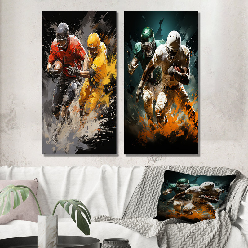 «Yellow Football Dynamic Plays», 2 pièces, H 32 po x l 32 po, Toile tendue