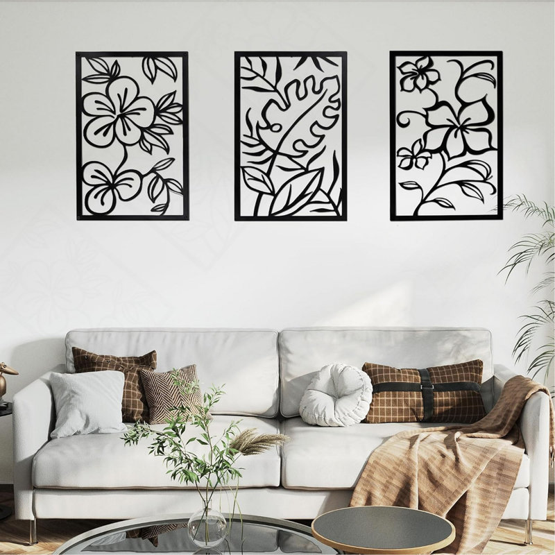 Ensemble de 3 décorations murales, motif floral abstrait, cadre métallique noir