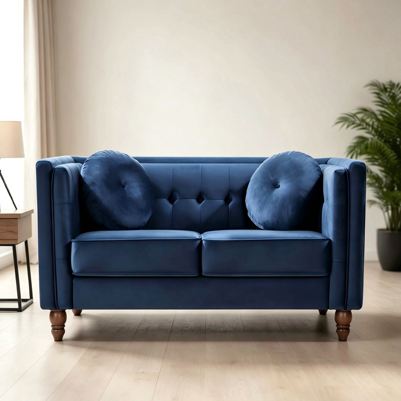 Canapé 2 places Chesterfield, Velours bleu foncé