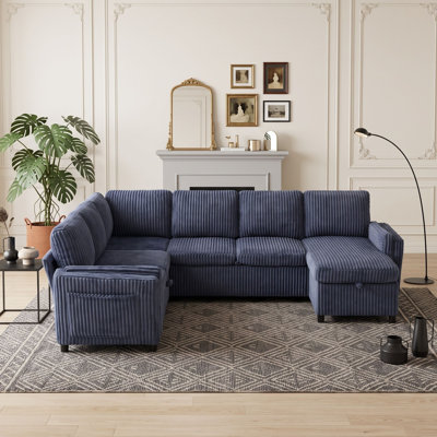 Canapé-lit modulaire convertible à 5 places avec méridienne réversible, ports USB, rangement dissimulé et accoudoirs à plateau-coussin
