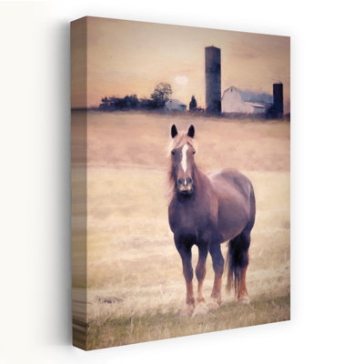 «Horse Farm Sunset» - Art contemporain au coucher du soleil