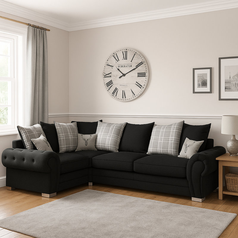 4 Seater Fabric Sofa & Chaise, Left Hand Facing, Black