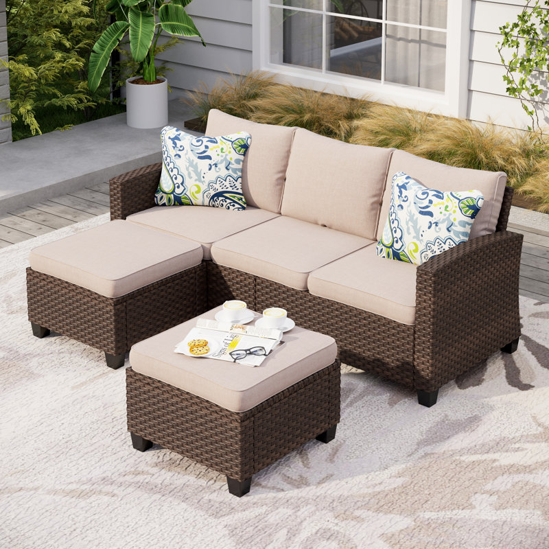 Argyri Premium All-Weather Wicker 5 - Person Patio Conversation Set with Cushions, Beige