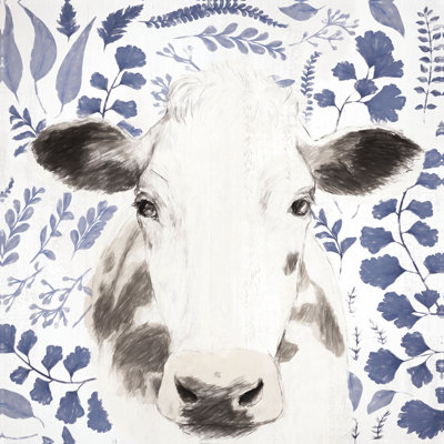 Cow With Navy Botanical Backdrop - Wrapped Canvas Painting