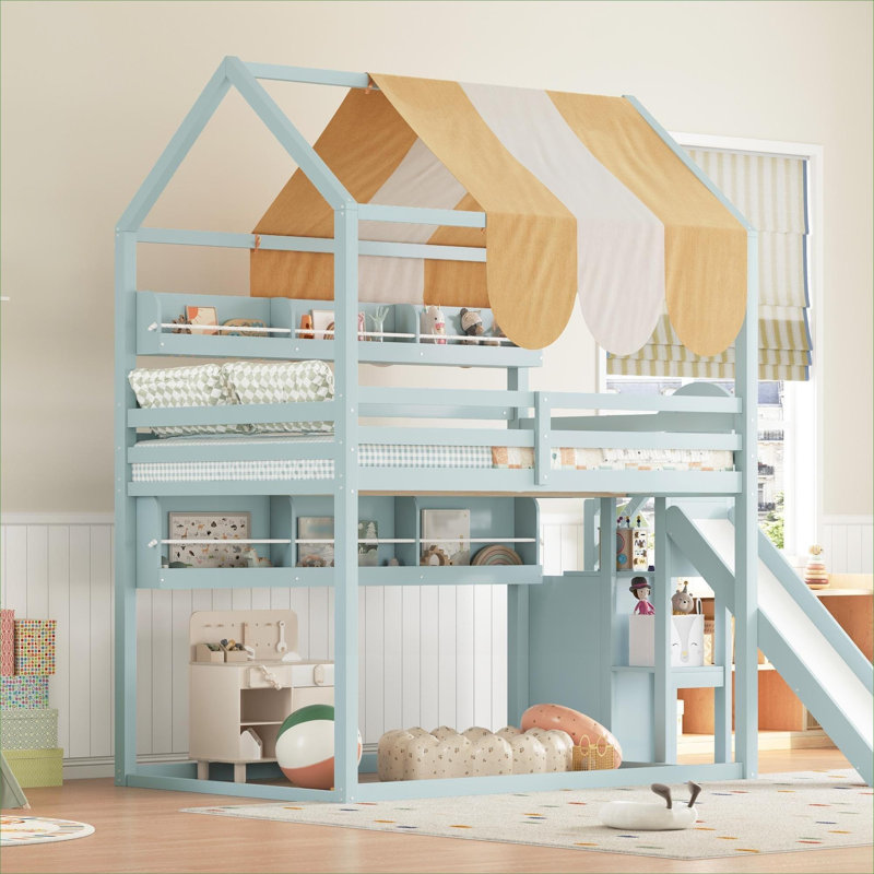 Structure de lit superposé en bois massif vert de style vert, style maisonnette pour chambre d'enfant avec glissoire et bibliothèque intégrée