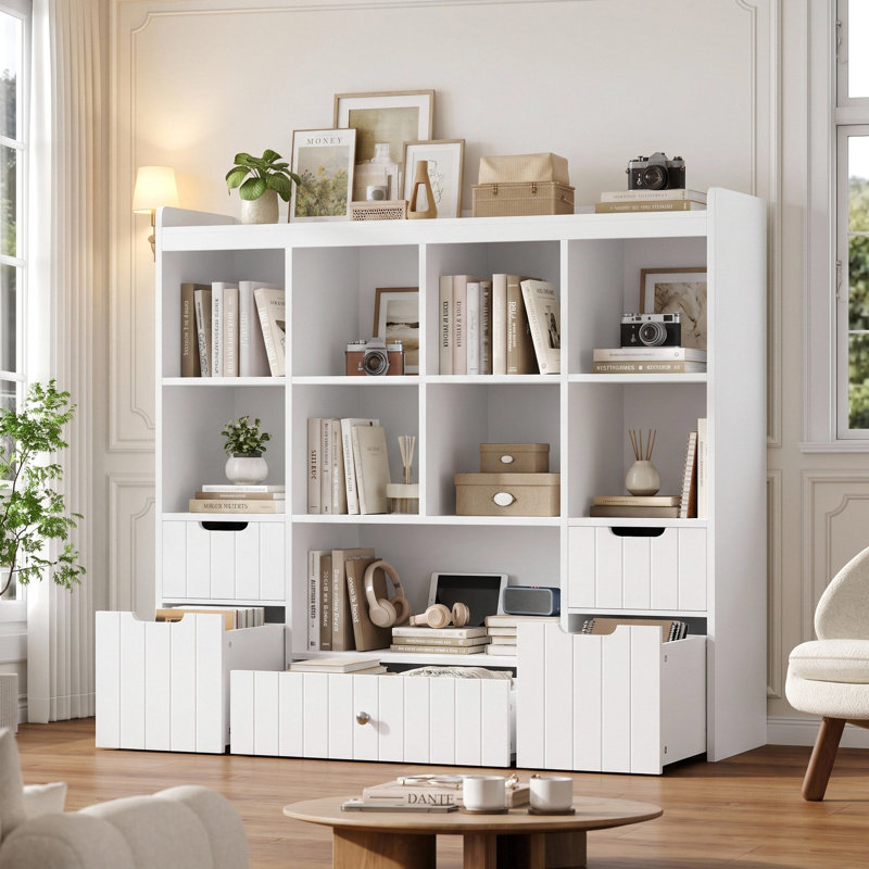 48"W Wood Storage Bookcase With 5 File Drawers, White, White